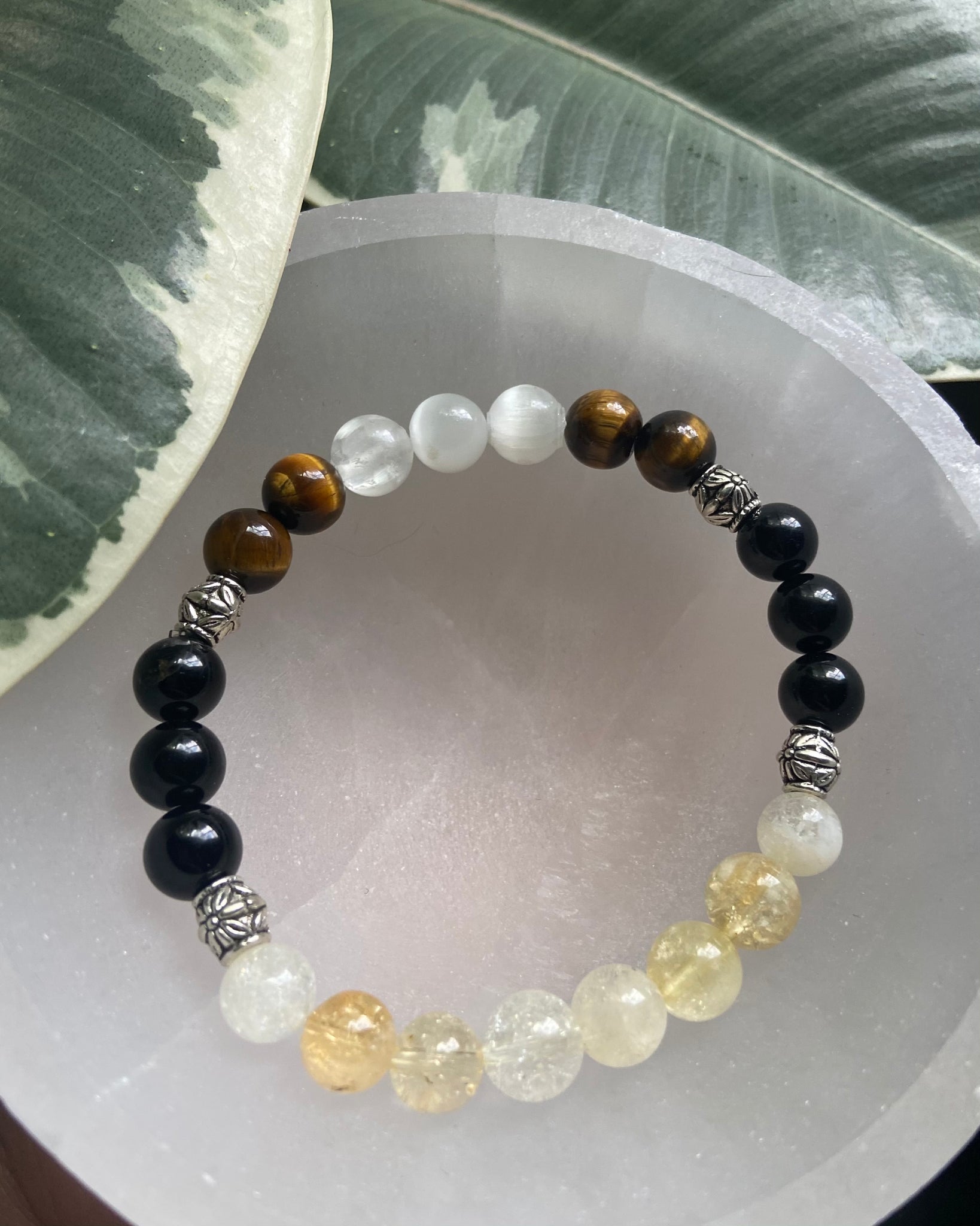 Selenite, Tigers Eye, Citrine and Black Obsidian Bracelet